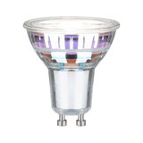 Clear GU10 LED bulb made of glass with two metal pins for energy-saving lighting