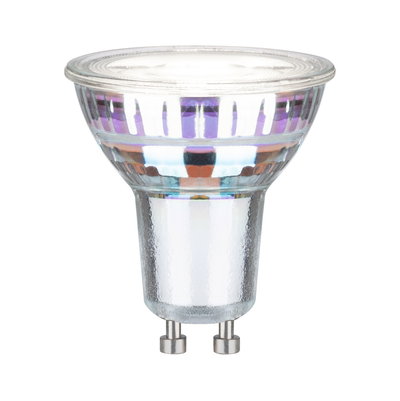 Clear GU10 LED bulb made of glass with two metal pins for energy-saving lighting