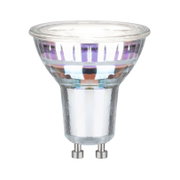 Clear GU10 LED bulb made of glass with two metal pins for energy-saving lighting