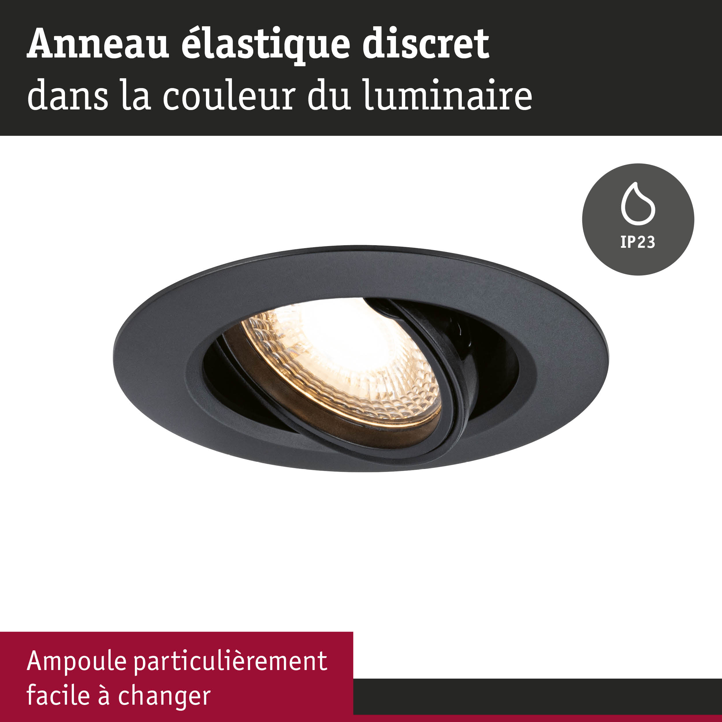 Spot encastré noir avec anneau élastique et protection IP23 pour éclairage de salle de bain