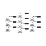 Ten round recessed LED lights in silver aluminum with black cable for modern interior lighting solutions