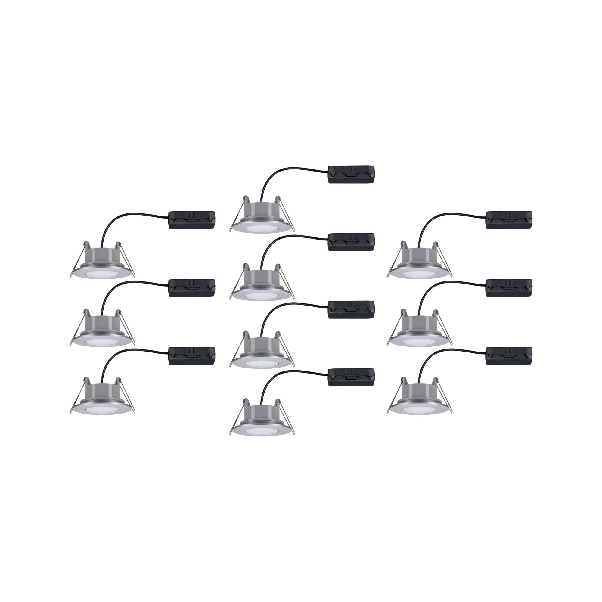 Mehrere silberne LED-Einbaustrahler mit schwarzem Anschlusskabel für moderne Innenbeleuchtung