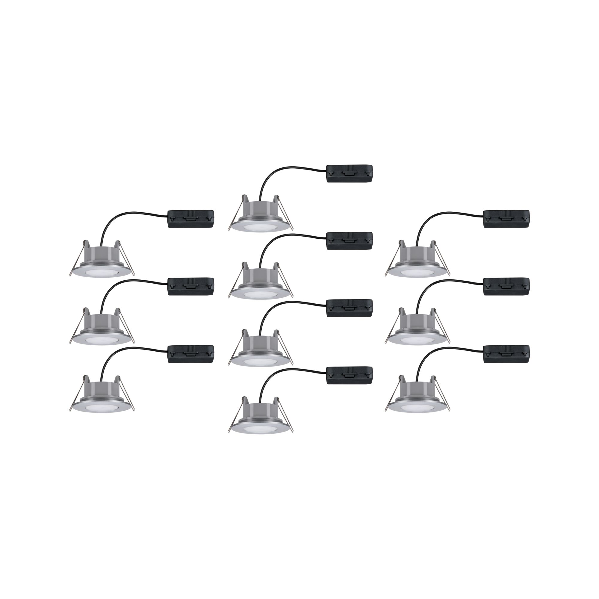 Mehrere silberne LED-Einbaustrahler mit schwarzem Anschlusskabel für moderne Innenbeleuchtung