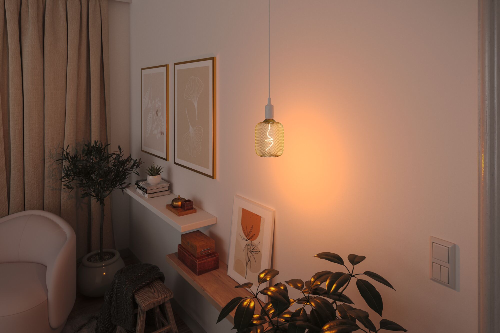 Hanging filament bulb with warm white light and wire mesh glass in cozy living room with plants and wooden shelves.