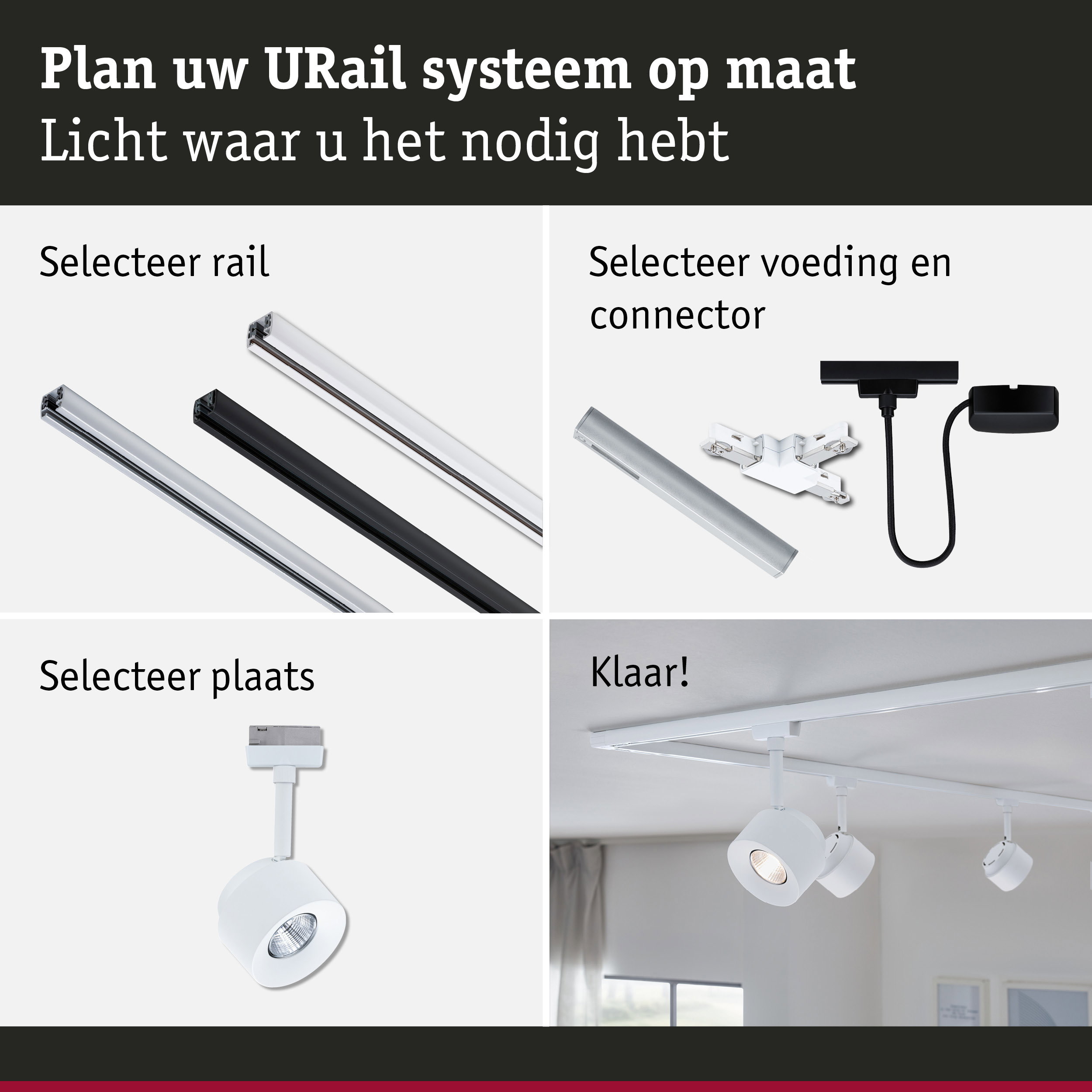 Modulair URail railsysteem met witte en zwarte aluminium rails en LED-spotlights voor flexibele verlichting