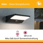 Schwarze Solar-Außenwandleuchte mit Bewegungsmelder an grauer Wand, energiesparende LED-Beleuchtung