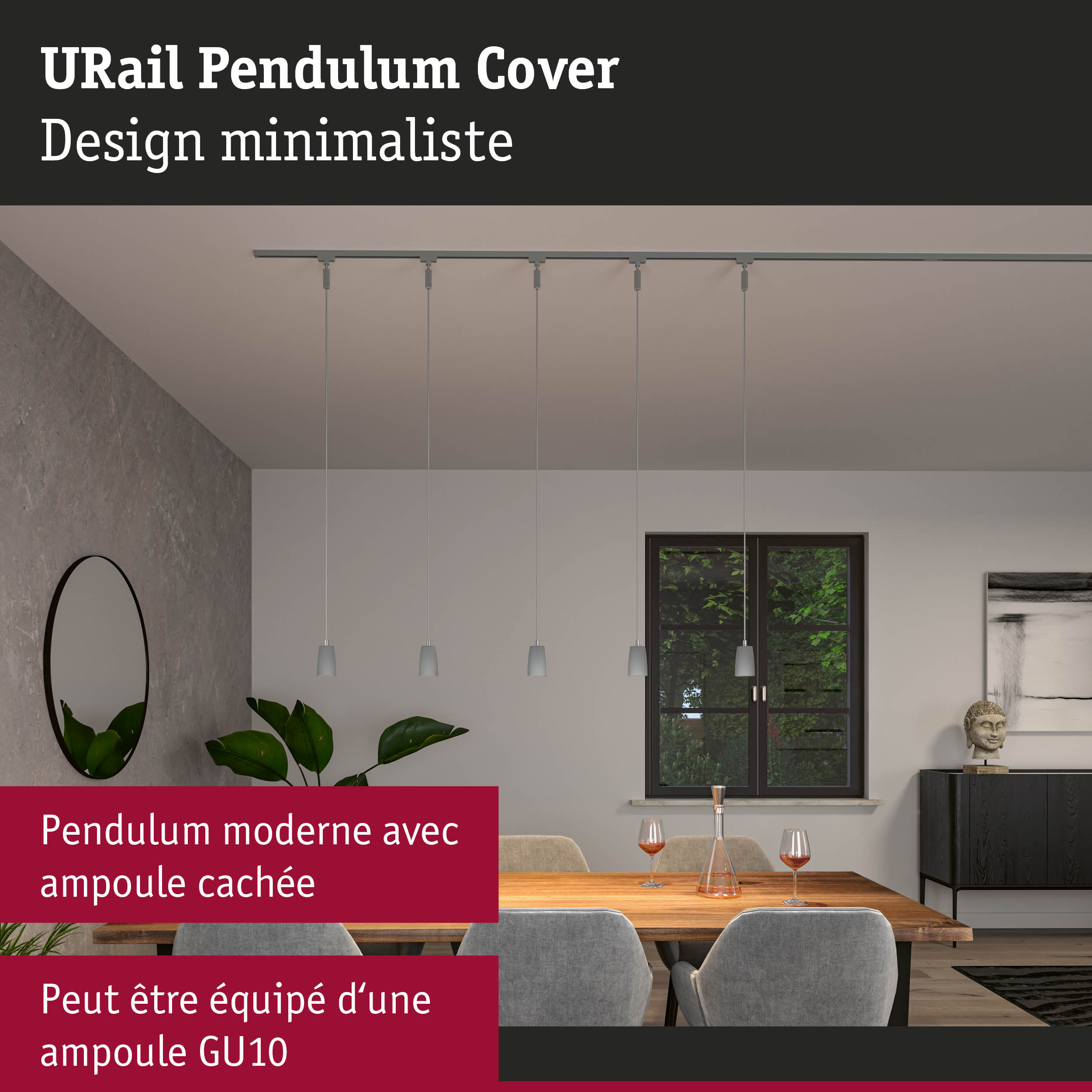 Cache URail Pendulum gris minimaliste avec ampoule cachée pour éclairage LED moderne