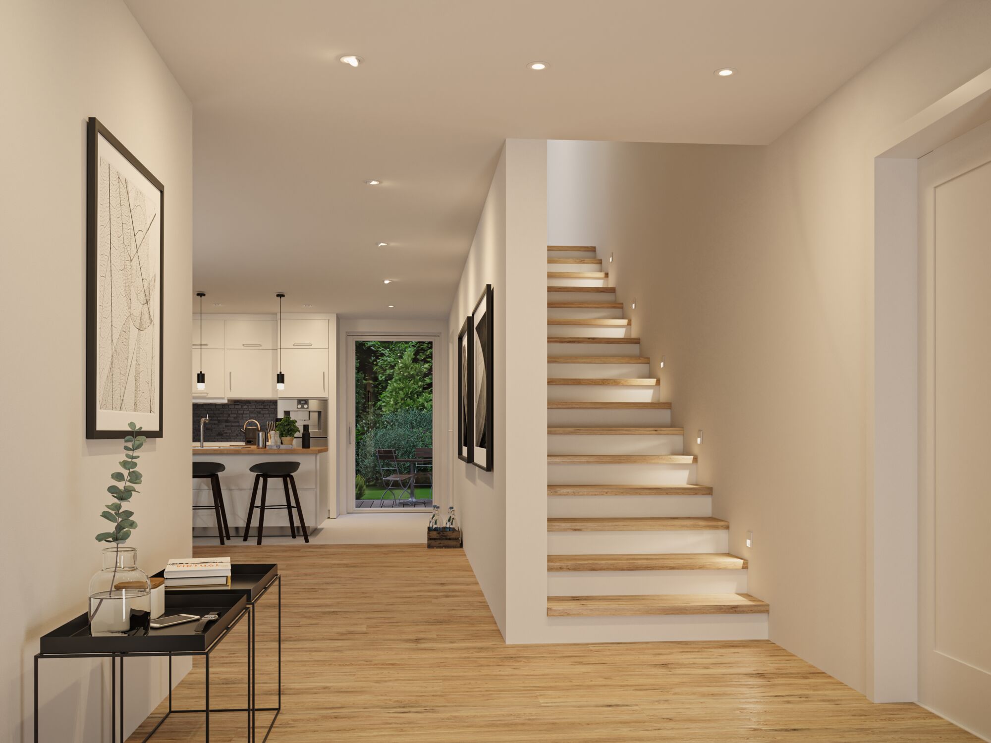 Moderner Flur mit Holztreppe und integrierter LED-Wandbeleuchtung in warmweißem Licht