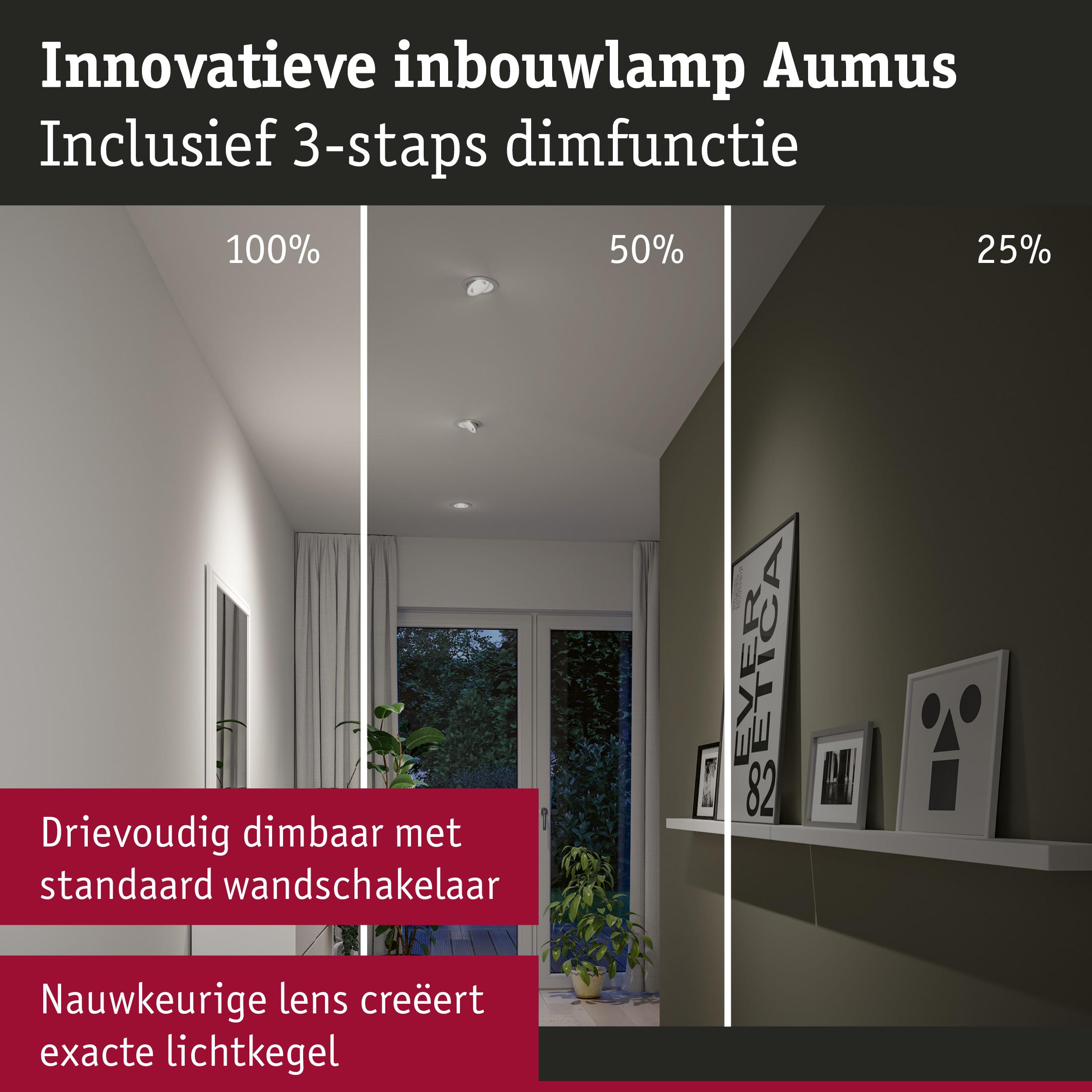 Innovatieve inbouwlamp Aumus met 3-staps dimfunctie toont lichtsterkte in woonkamer