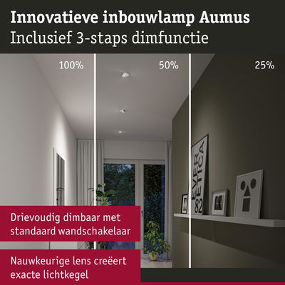 Innovatieve inbouwlamp Aumus met 3-staps dimfunctie toont lichtsterkte in woonkamer