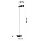 Black metal floor lamp with round base and rectangular shade, dimensions 1506x389x252 mm