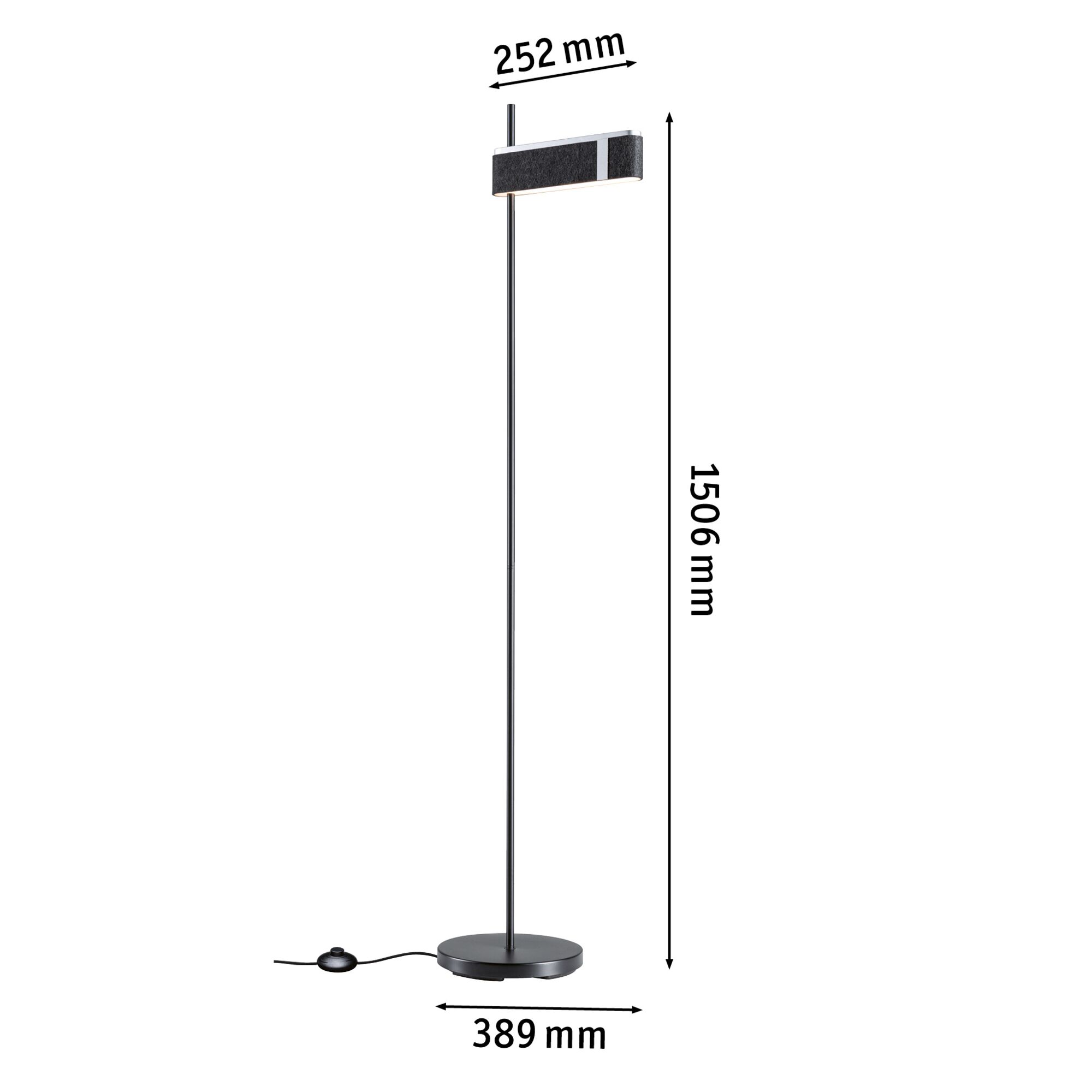 Lampadaire noir en métal avec base ronde et abat-jour rectangulaire, dimensions 1506x389x252 mm