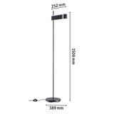 Zwarte metalen vloerlamp met ronde voet en rechthoekige kap, afmetingen 1506x389x252 mm