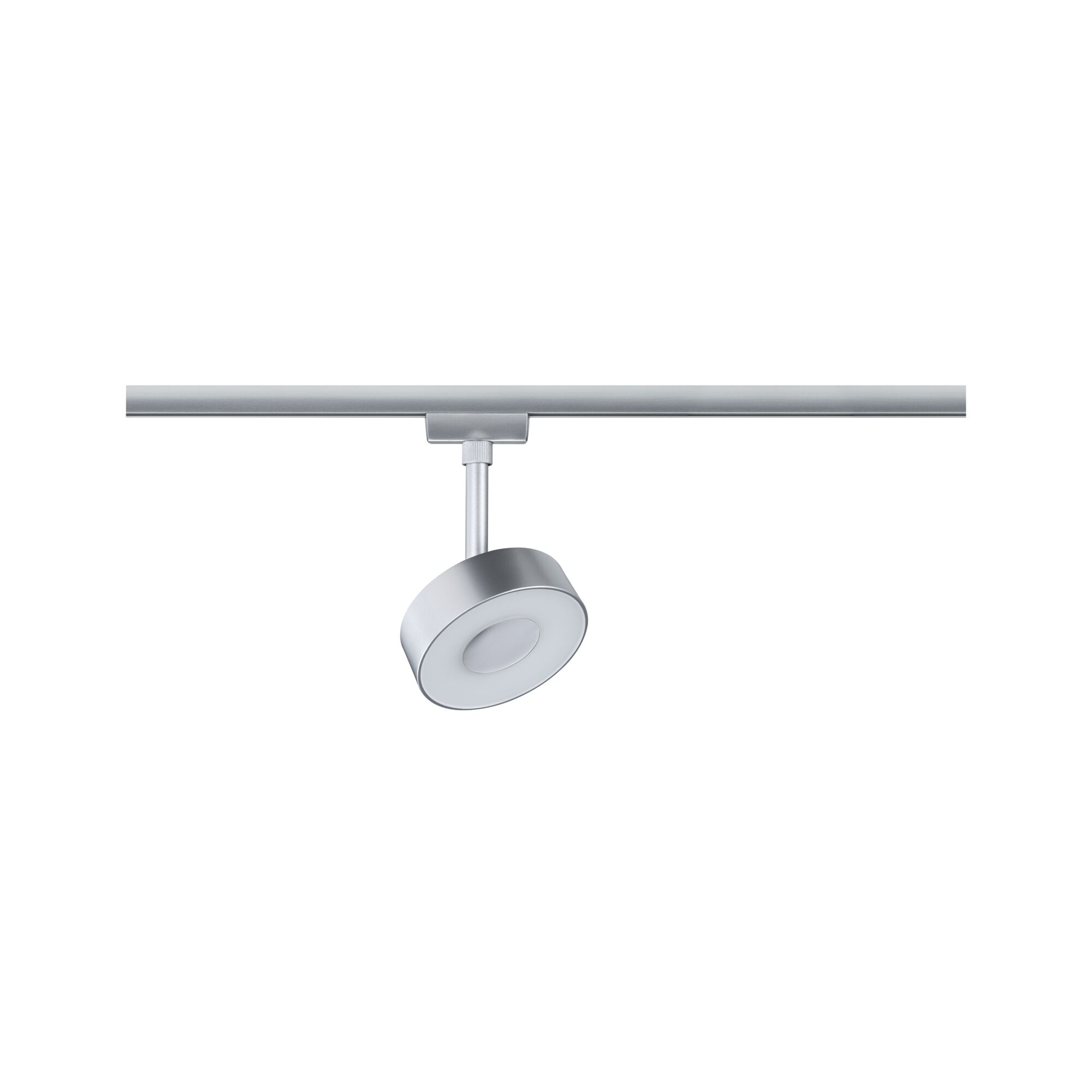 Moderner runder LED-Spot in Silber aus Metall an Schienensystem für flexible Beleuchtung