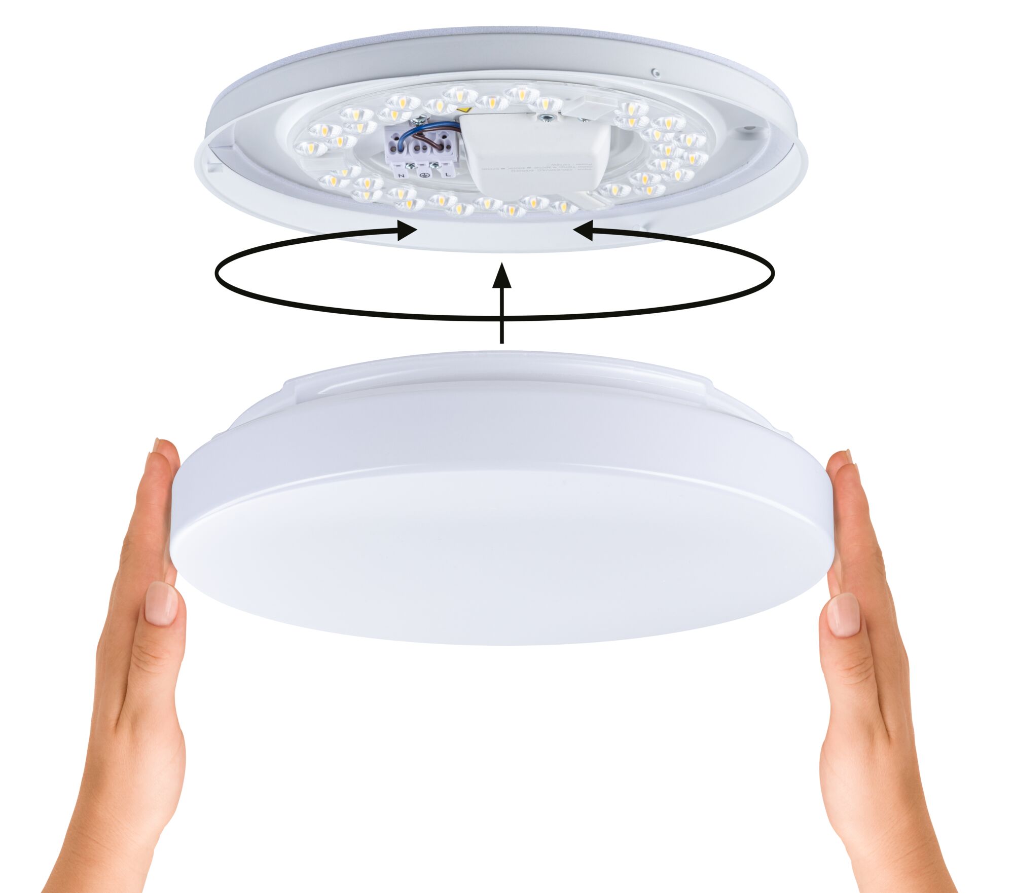 White round LED ceiling light with diffuser, easy snap-on installation, energy-efficient lighting solution