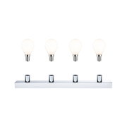 Vier matte Glühbirnen mit E14-Fassung über verchromter Metallleiste für moderne LED-Beleuchtung