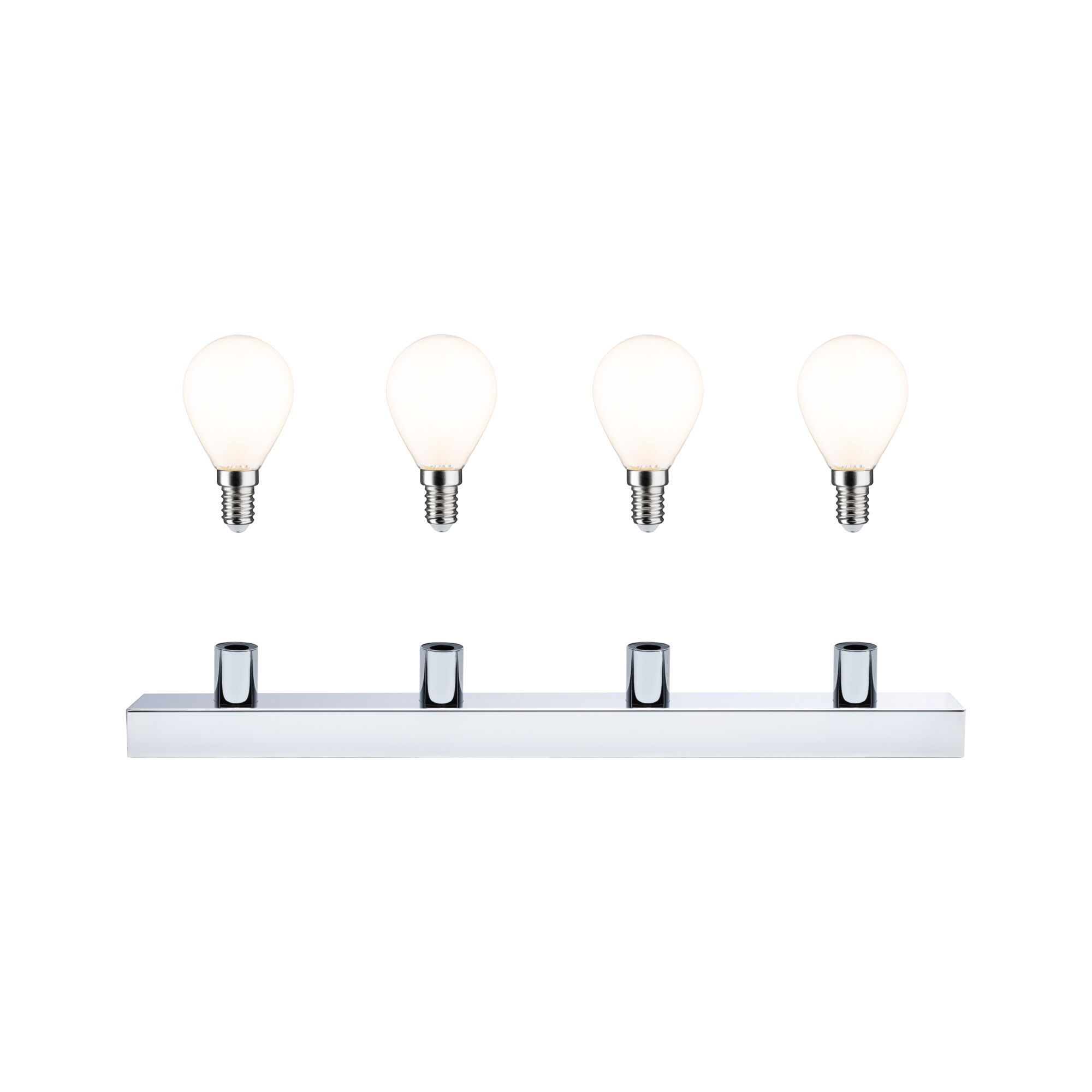 Vier matte Glühbirnen mit E14-Fassung über verchromter Metallleiste für moderne LED-Beleuchtung