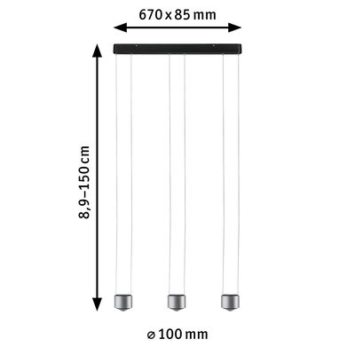 Moderne drie-licht LED hanglamp van geborsteld zilverkleurig aluminium met verstelbare hoogte en 100 mm diameter.