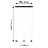 Moderne tre-lyset LED pendel i børstet sølvfarvet aluminium med justerbar højde og 100 mm diameter.