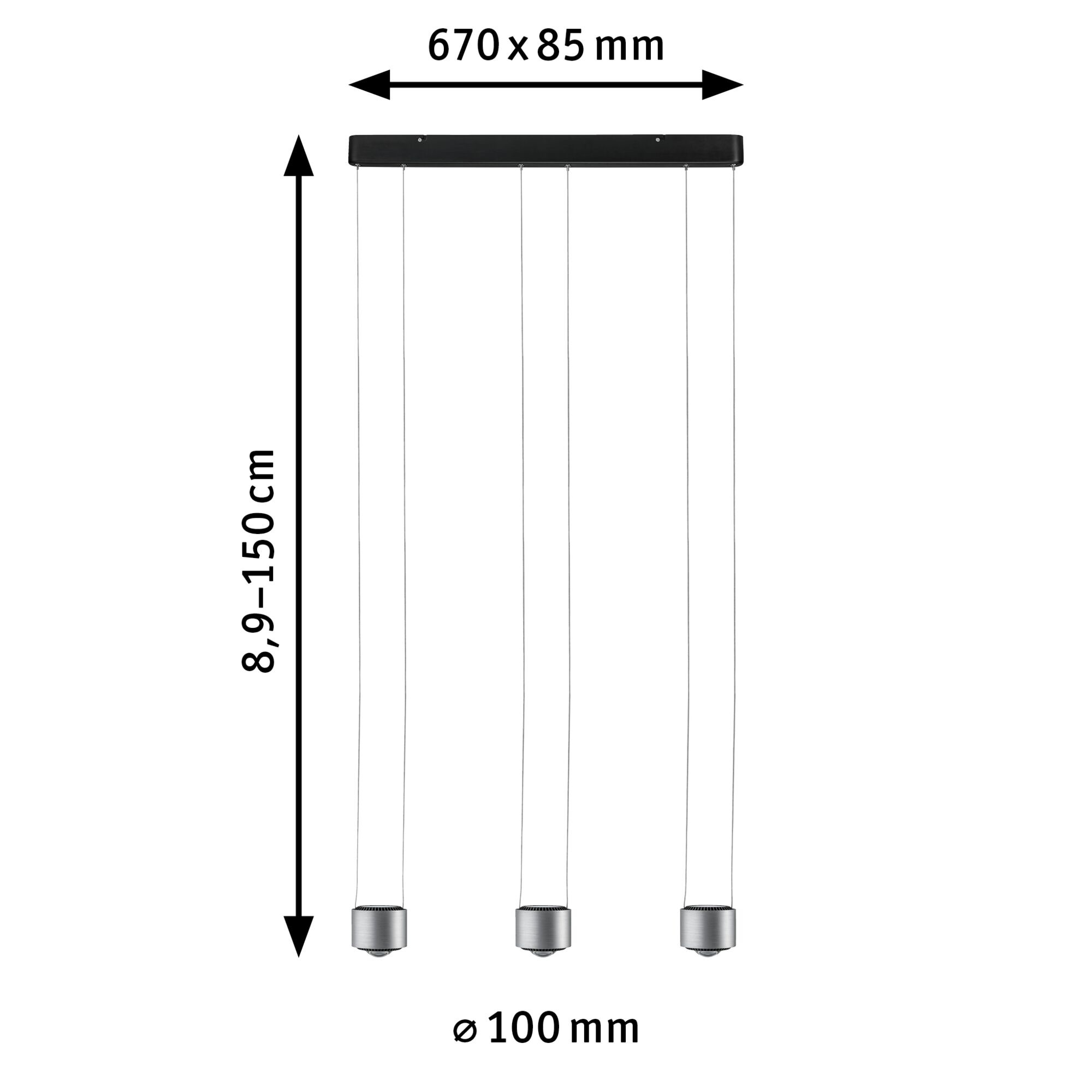 Suspension LED moderne à trois lampes en aluminium brossé argenté avec hauteur réglable et diamètre 100 mm.