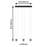 Suspension LED moderne à trois lampes en aluminium brossé argenté avec hauteur réglable et diamètre 100 mm.