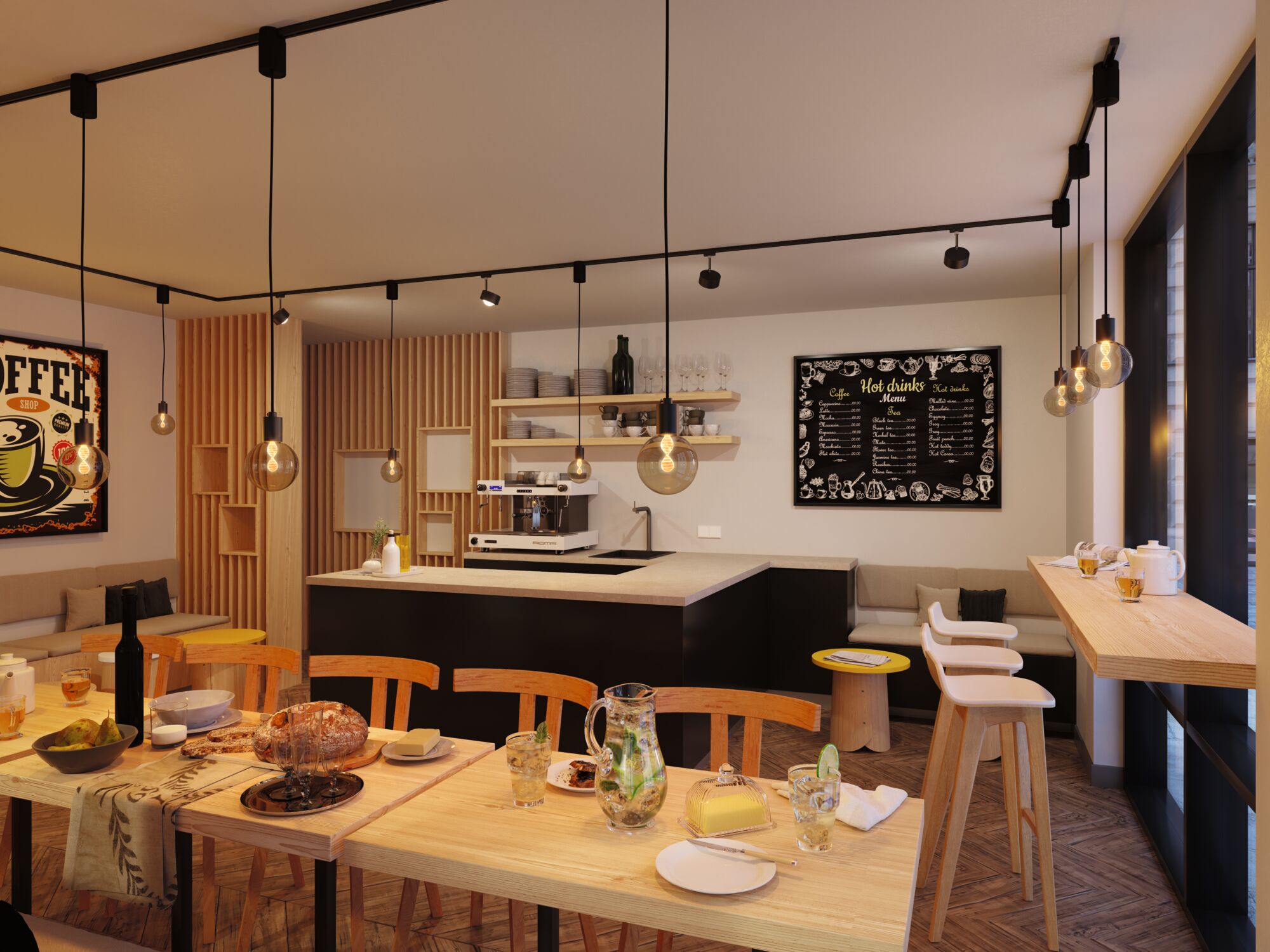Modern café interior with wooden tables, black pendant lights, and cozy seating under warm lighting.