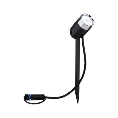 Zwarte LED-tuinschijnwerper met grondpin en zilveren reflector voor buitenverlichting