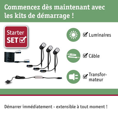 Kit de démarrage avec trois lampes de jardin LED noires, câble et transformateur pour éclairage extérieur