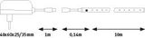 Technische tekening van LED-strip met aansluitkabel en afmetingen 40x60x25/35 mm, 10 m lang