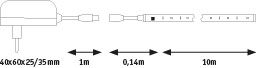 Technische tekening van LED-strip met aansluitkabel en afmetingen 40x60x25/35 mm, 10 m lang