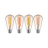 Vier Vintage LED-Glühbirnen mit farbiger Spirale in Bernstein-Glas für dekorative Beleuchtung