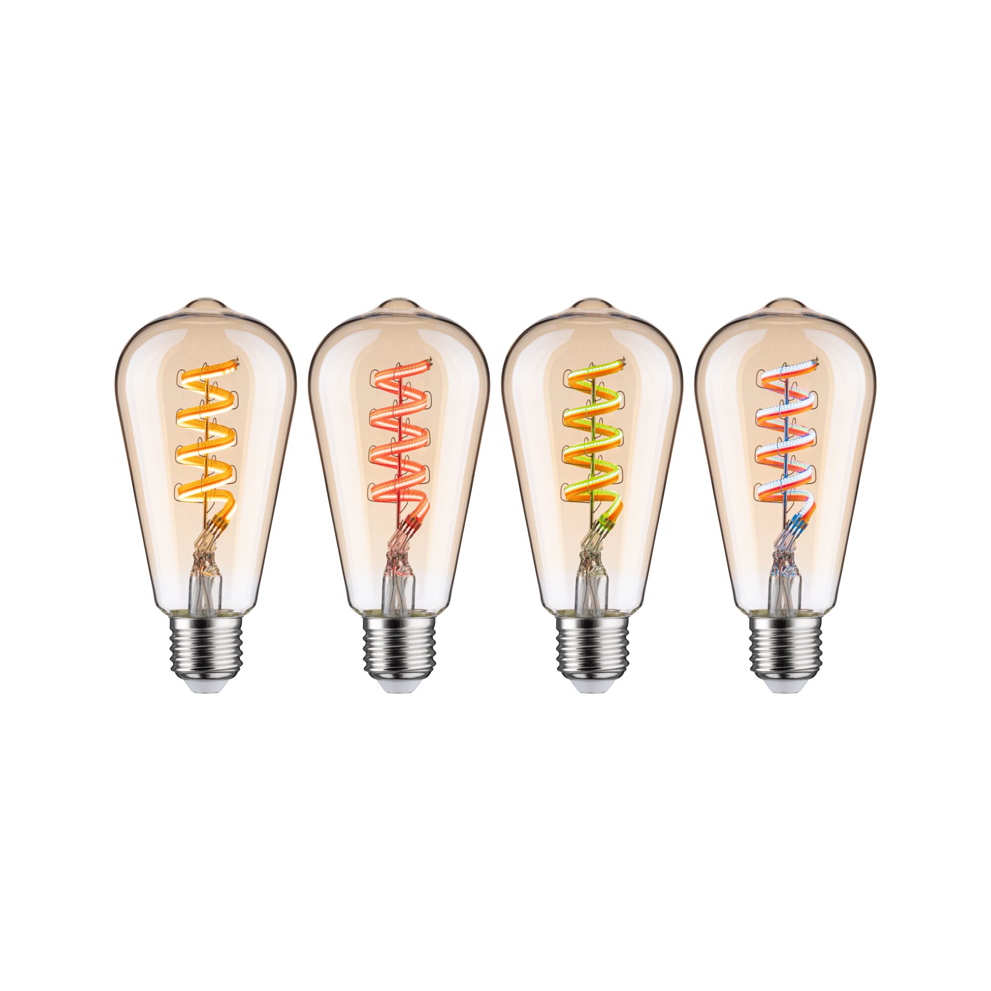 Four vintage LED bulbs with colored spiral filaments in amber glass for decorative lighting