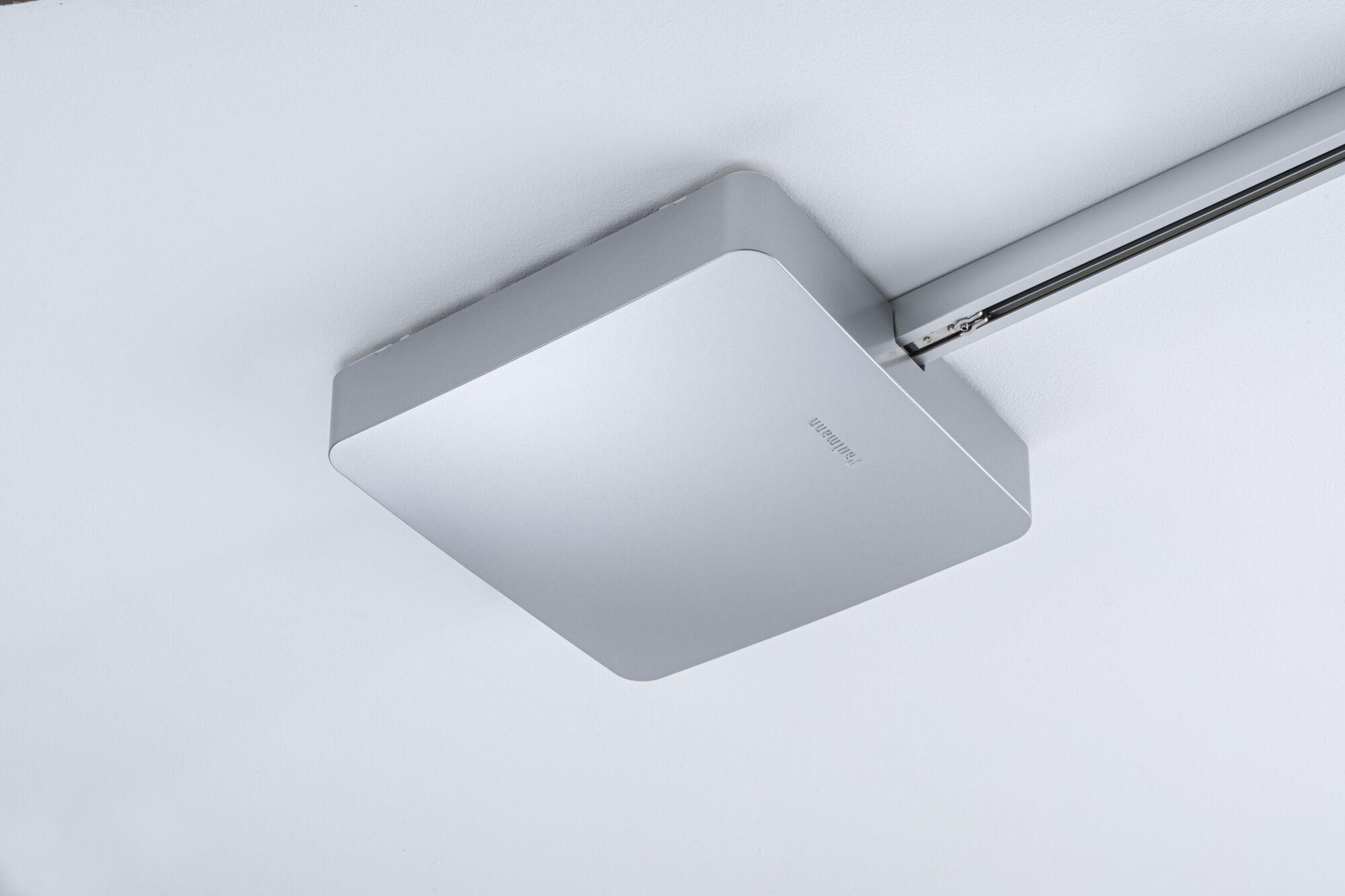 Matte silver aluminium ceiling light with rounded edges and track system for modern interior lighting