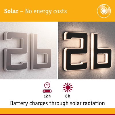 Solar-powered house number 2b in white plastic with LED lighting and 12-hour battery life for energy saving