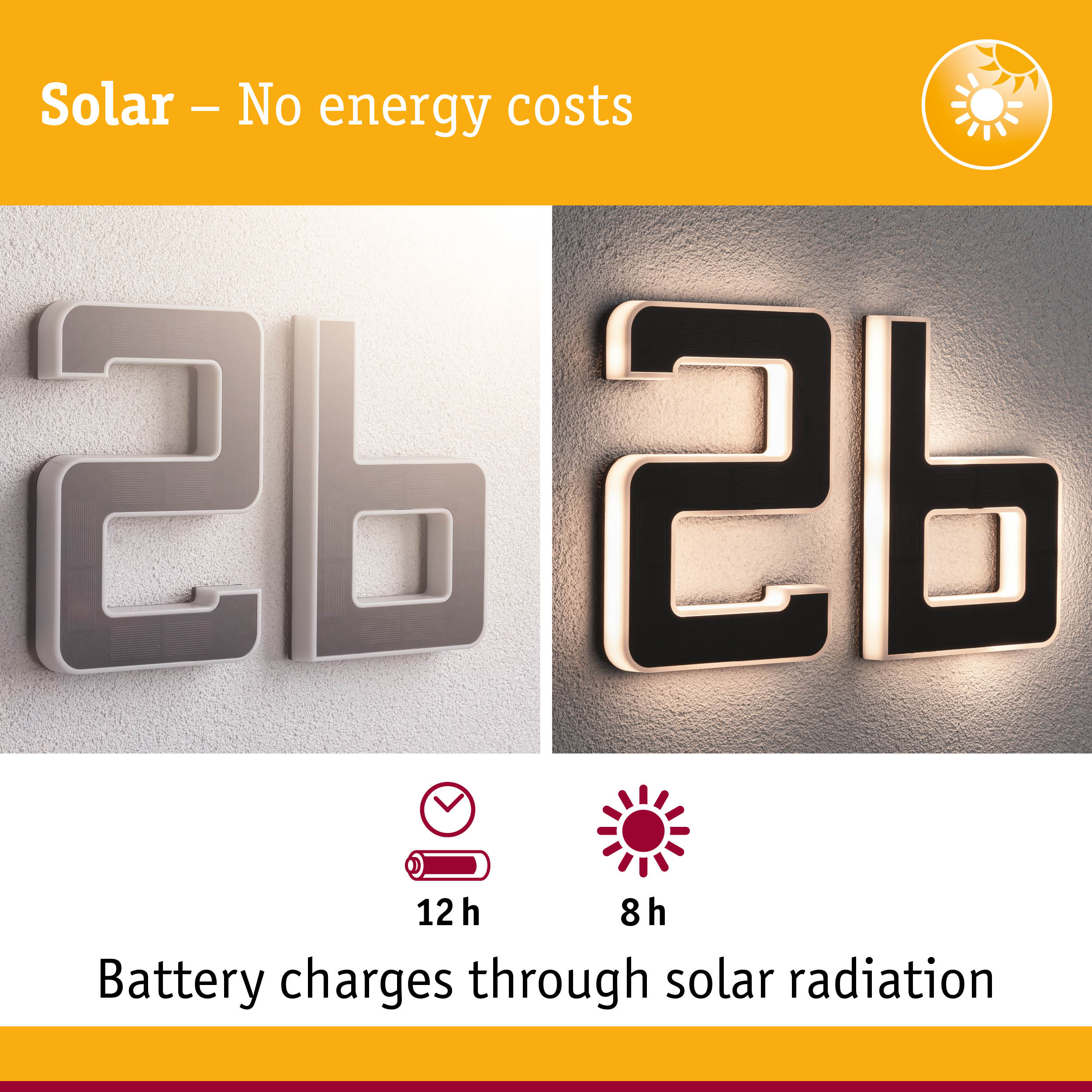Solar-powered LED house number in black and white for energy-efficient outdoor lighting