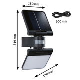 Lampe solaire noire avec détecteur de mouvement et câble USB, dimensions 319x150x130 mm, éclairage extérieur économique
