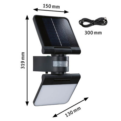 Lampe solaire noire avec détecteur de mouvement et câble USB, dimensions 319x150x130 mm, éclairage extérieur économique