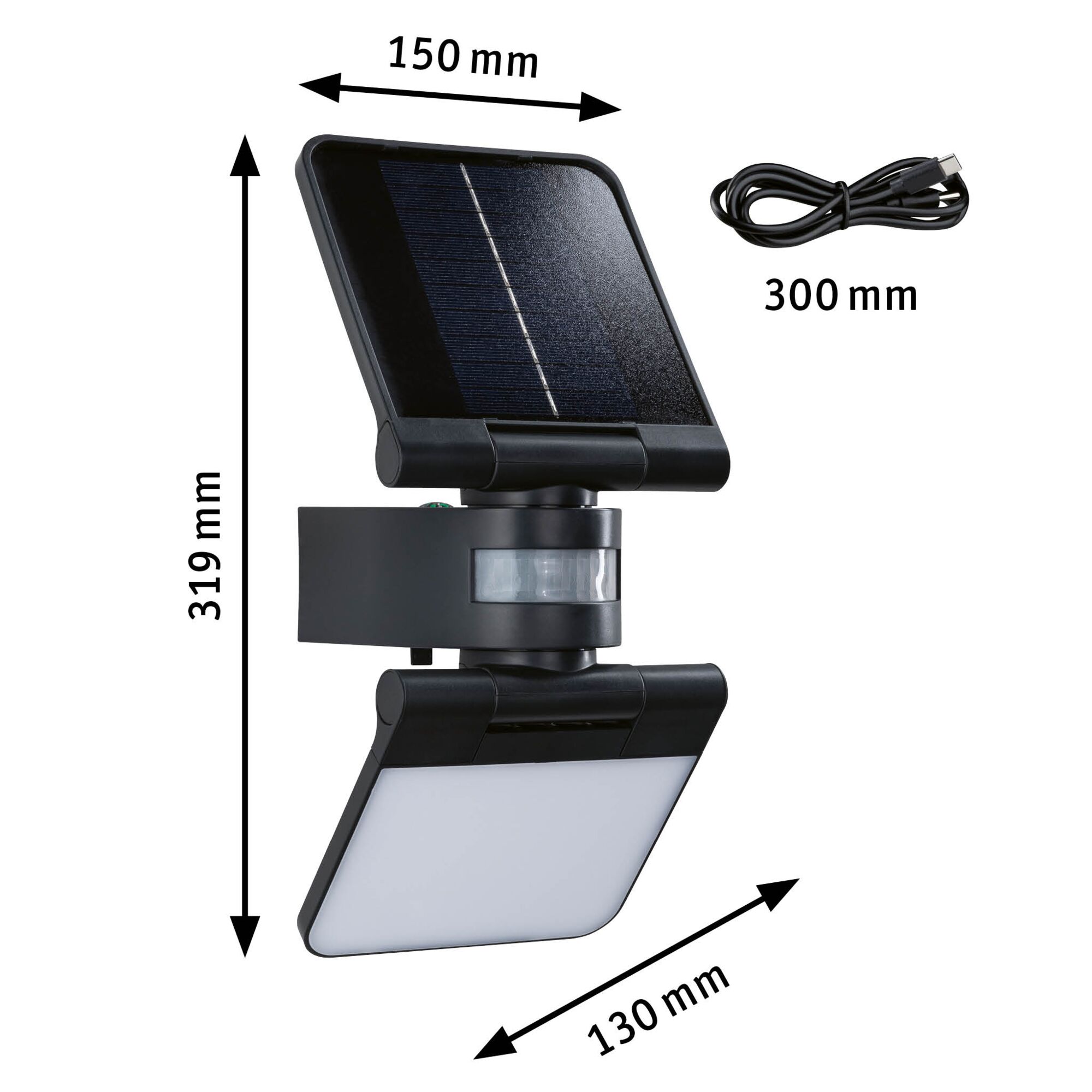 Black solar light with motion sensor and USB cable, size 319x150x130 mm, energy-saving outdoor lighting