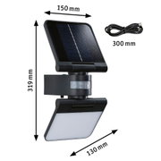Black solar light with motion sensor and USB cable, size 319x150x130 mm, energy-saving outdoor lighting