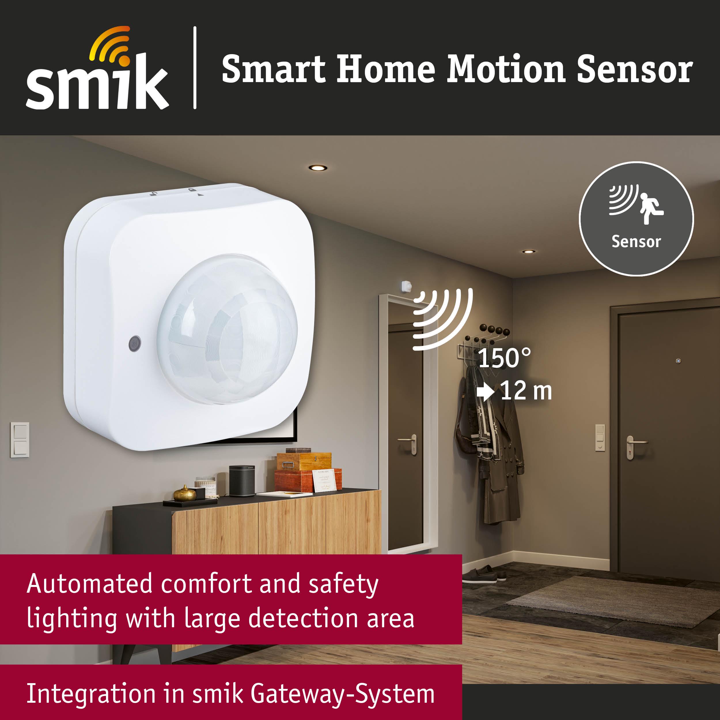 White smart home motion sensor with 150° detection angle and 12 m range for automated safety and comfort