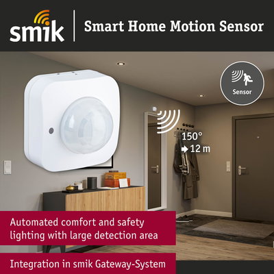 White smart home motion sensor with 150° detection angle and 12 m range for automated safety and comfort