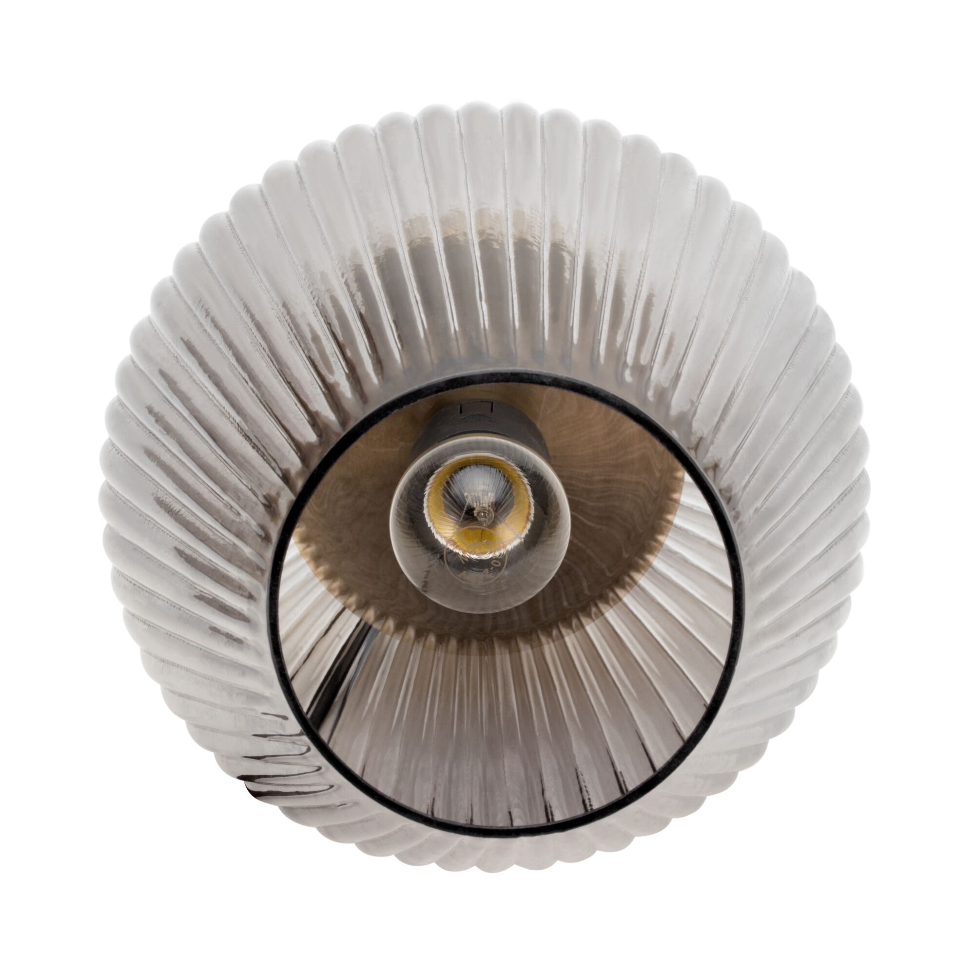 Smoked glass ceiling light with ribbed design and visible LED bulb for contemporary home lighting