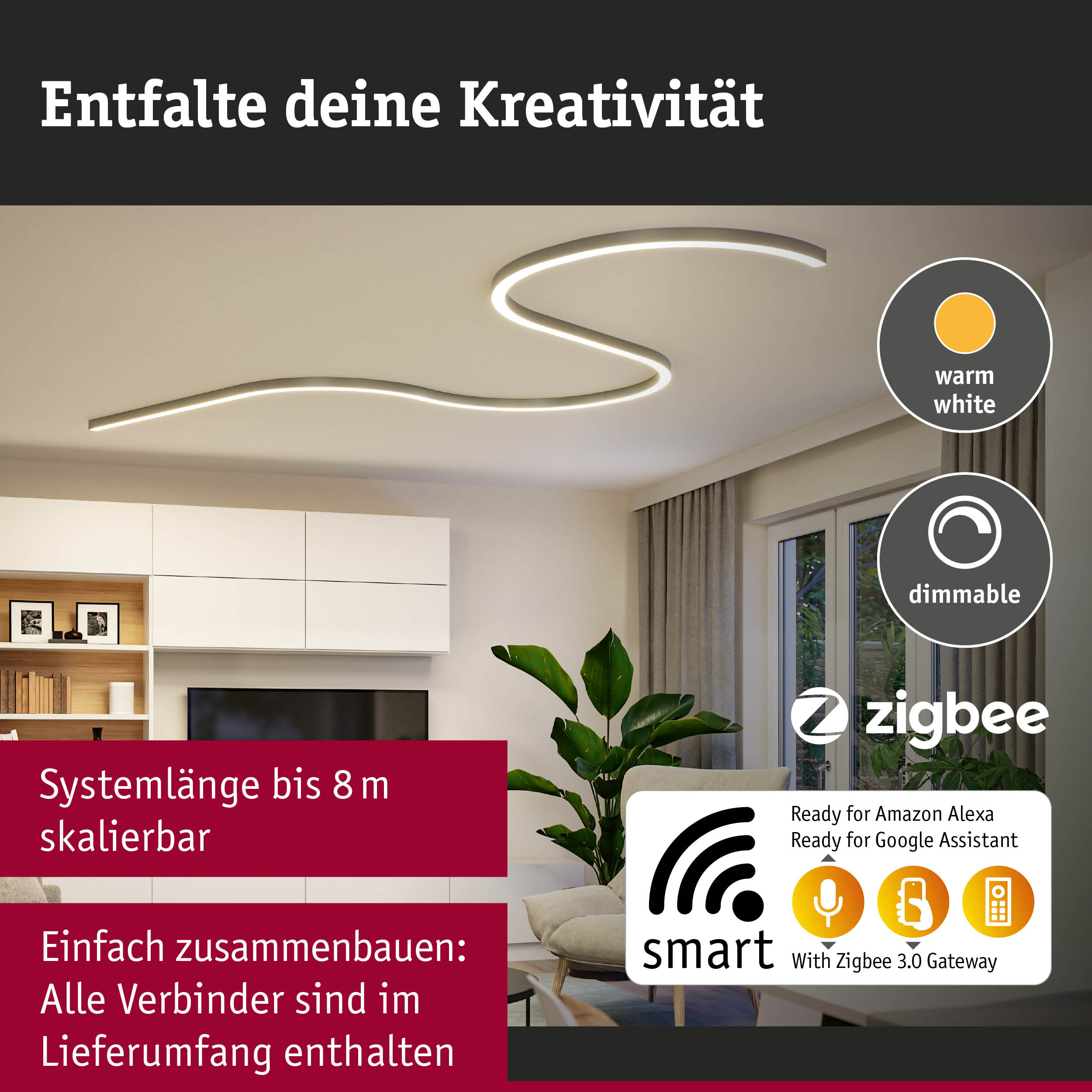 Moderne dimmbare LED-Deckenleuchte in warmweiß mit flexibler Systemlänge bis 8 m für smart Home.