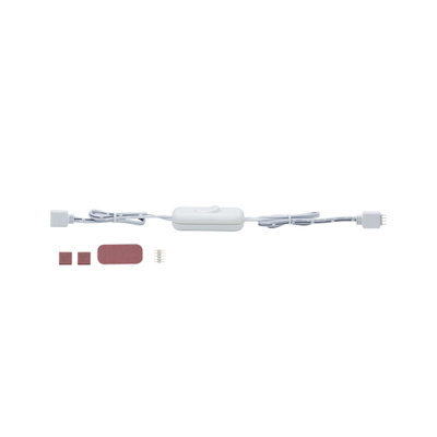 White inline switch with cable and connectors, including brown adhesive pads for LED lighting setup