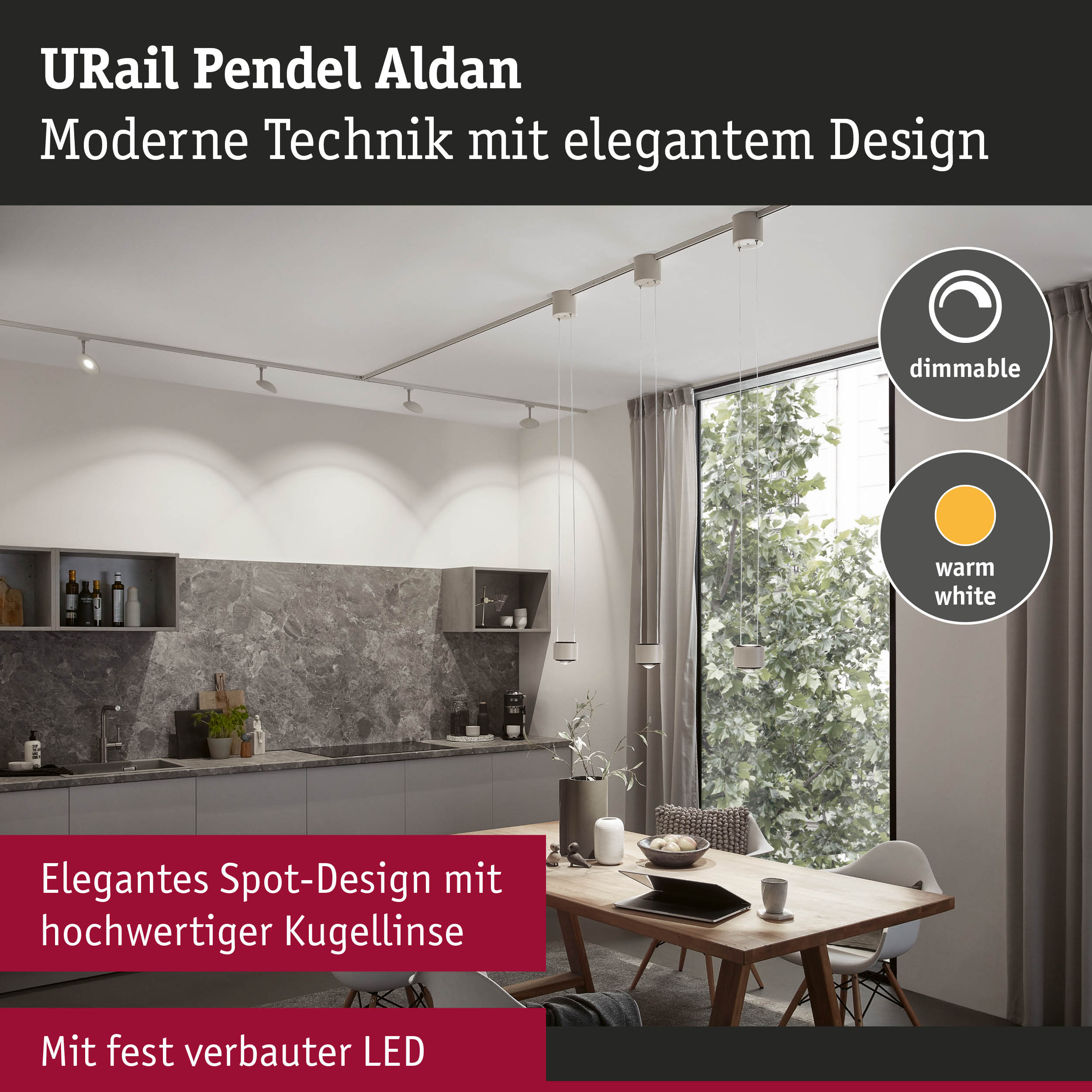 URail Pendel Aldan dimmbare LED-Deckenleuchte in Weiß mit elegantem Spot-Design für moderne Räume