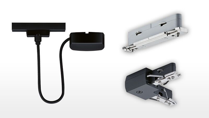 Schwarzes URail Schienensystem mit Anschluss- und Verbindungsstücken aus Metall und Kunststoff für LED-Beleuchtung