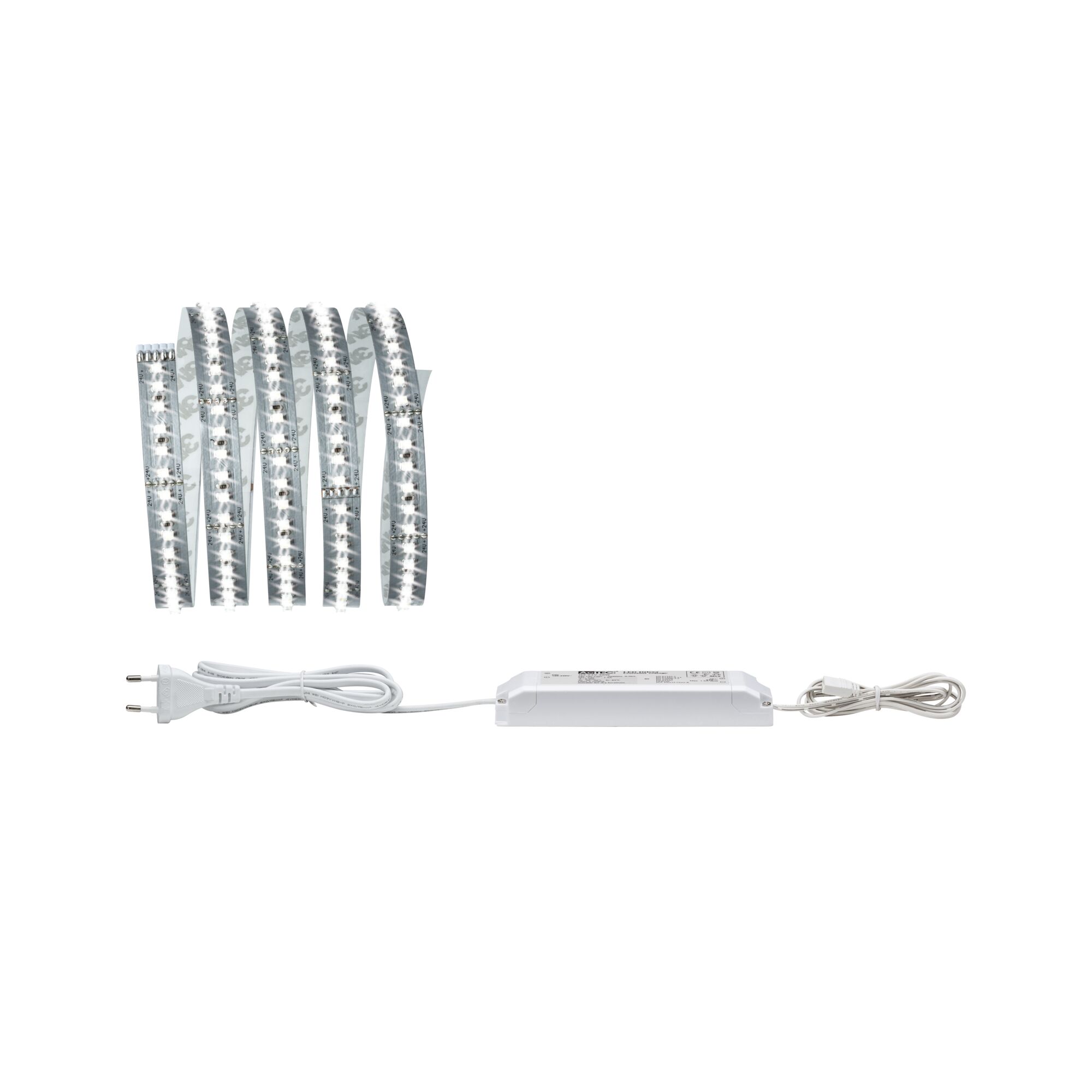 Weiße LED-Lichtleiste mit Netzteil und Stecker für flexible Beleuchtungslösungen im Innenbereich