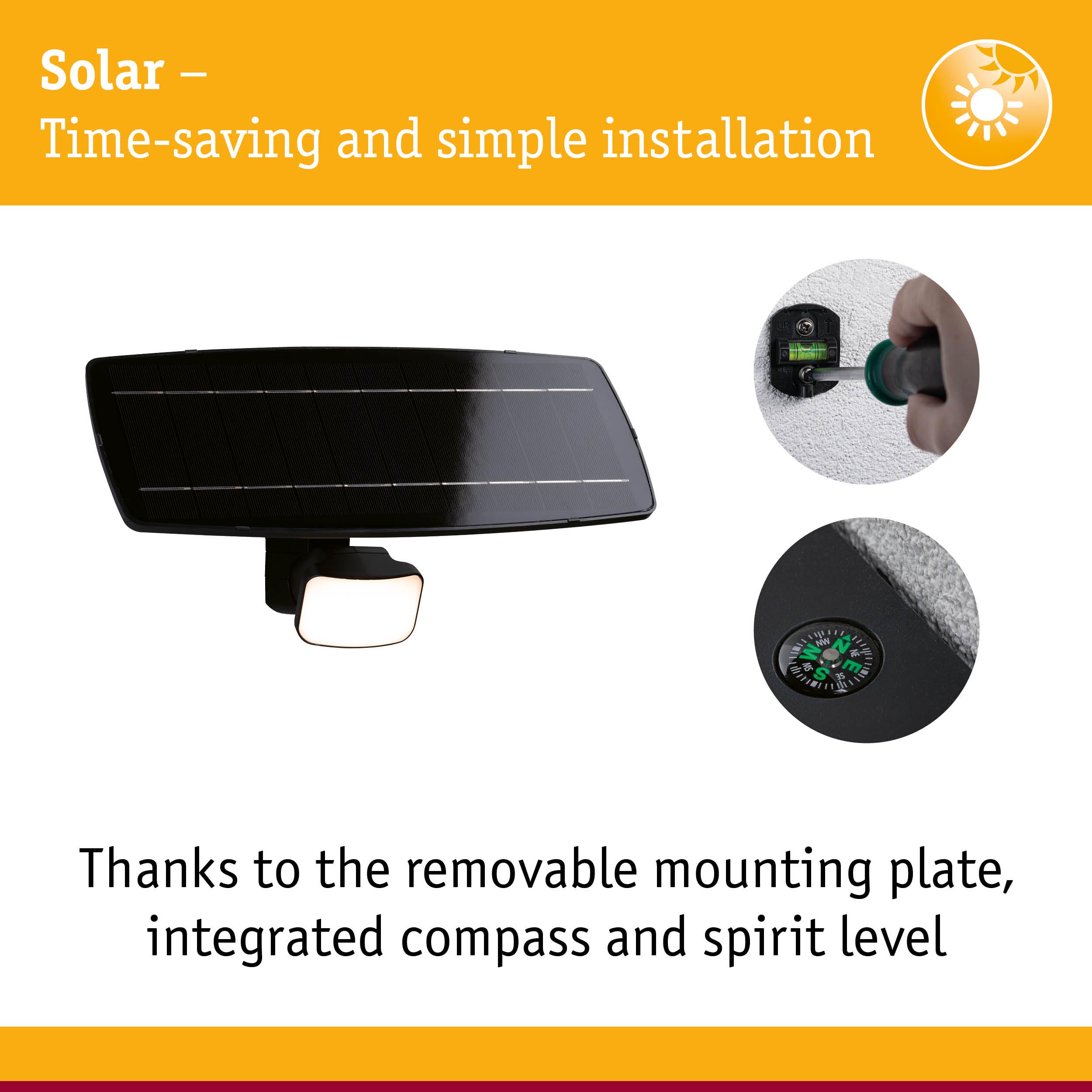 Black solar panel with LED light, removable mounting plate, integrated compass and spirit level for easy installation