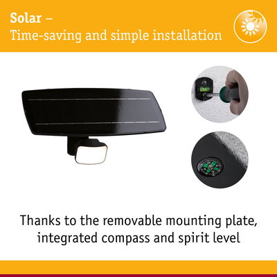 Black solar panel with LED light, removable mounting plate, integrated compass and spirit level for easy installation