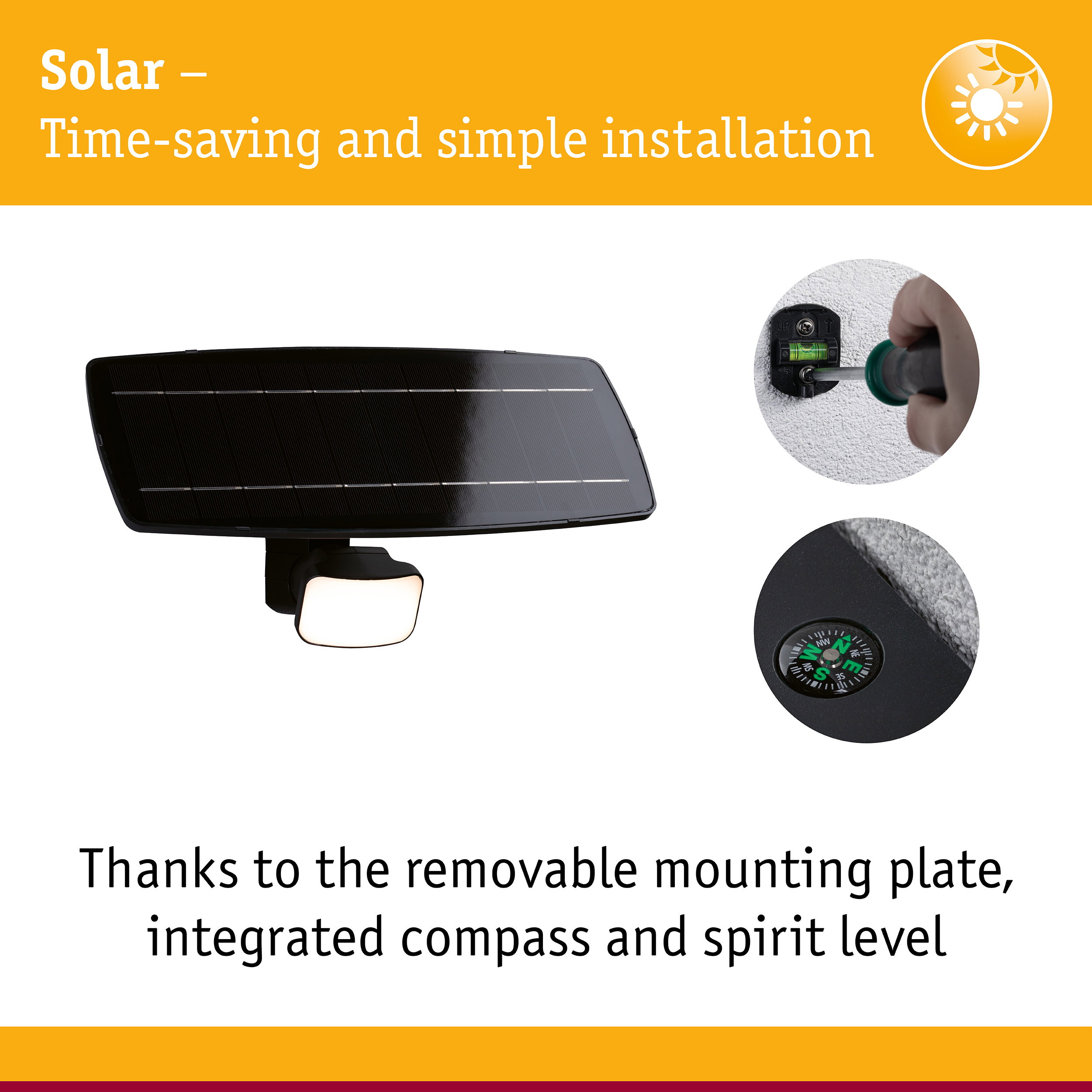 Black solar light with integrated compass and spirit level for easy installation and alignment